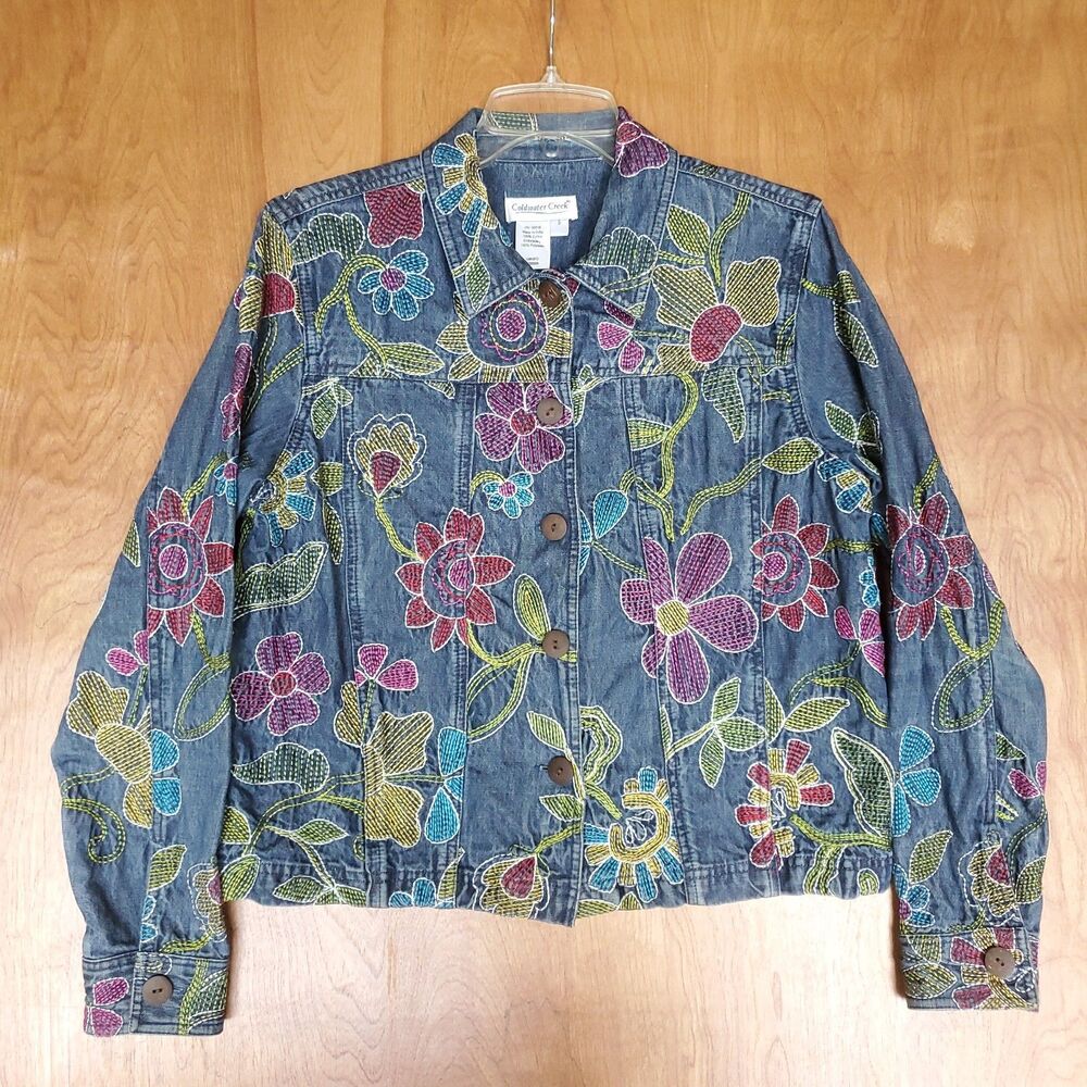 Coldwater Creek Embroidered Denim Jacket Sz Small Boho Folk Artsy  Cottage